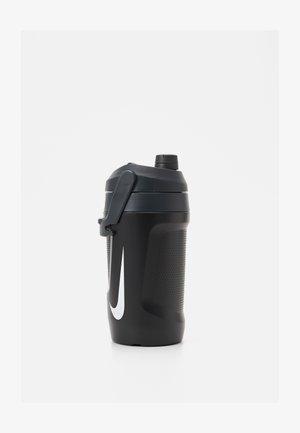 Black sports water bottle with textured grip, a flip-top lid, and a white Nike logo. Designed for easy handling and portability.