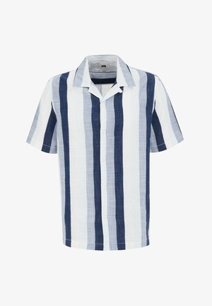 Balti rankoviai dryžuoti marškiniai baltos ir mėlynos atspalvių, su apykakle, mygtukų priekyje ir tekstūruotu audiniu.