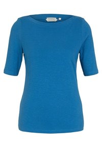Modrý krátký rukáv top s kulatým výstřihem. Vyrobeno z měkké, lehké tkaniny. Má hladkou texturu a jednoduchý design.