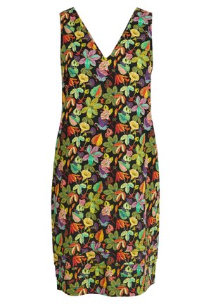 Robe noire sans manches avec col en V et motif floral coloré dans des tons de vert, orange, violet et jaune.