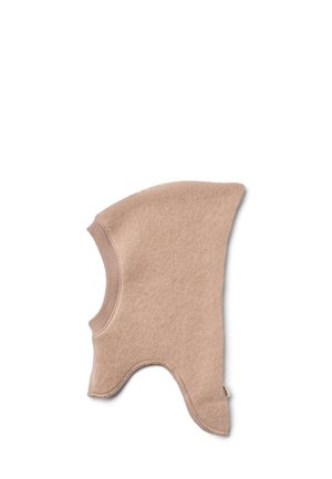 Balaclava de lana beige suave con apertura en el cuello acanalada y parte trasera extendida para cobertura completa de cabeza y cuello.