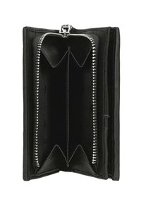 Portafoglio in pelle nera con chiusura con zip, dotato di più scomparti, un interno testurizzato e accessori in metallo argentato.