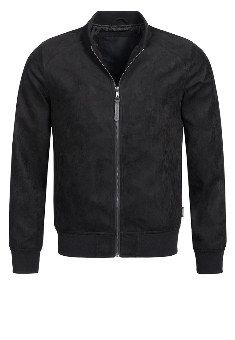 Veste bomber noire en suède doux, avec une fermeture éclair sur le devant, des poignets et un ourlet côtelés, et un design élégant et minimaliste.