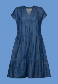 Denim dress with short sleeves, V-neckline, tiered design, and flared hem. Fabric has a slight texture in a medium blue color.