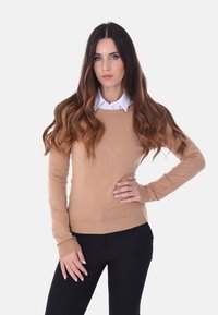 Maglione marrone chiaro con orlo e polsini a coste, realizzato in materiale morbido. Indossato sopra una camicia bianca con colletto, abbinato a pantaloni neri.