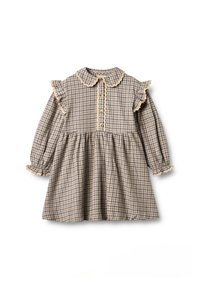 Rochie tip gingham cu guler, mâneci volă, închidere cu nasturi și detalii cu margini ondulate în tonuri de bej și maro.