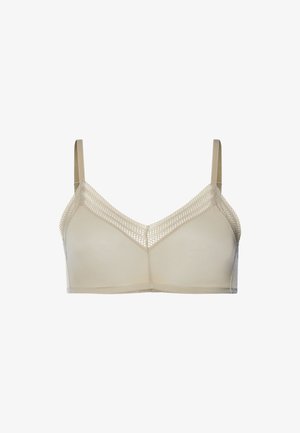 Reggiseno color beige con coppe morbide, spalline sottili regolabili e rifinitura in pizzo lungo i bordi superiori, design senza cuciture per il massimo comfort.