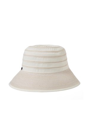 Beżowy kapelusz typu bucket z poziomymi przeszyciami na koronie i tkanym wzorem na szerokim rondzie.