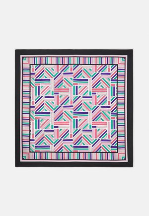 Écharpe en soie colorée présentant un motif géométrique de rayures en rose, violet, vert et noir, avec une bordure noire unie.