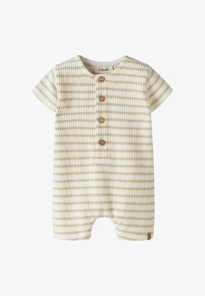 Béžovo-krémový pásikavý krátky baby overal so štyrmi drevenými gombíkmi vpredu a štruktúrovanou textíliou.