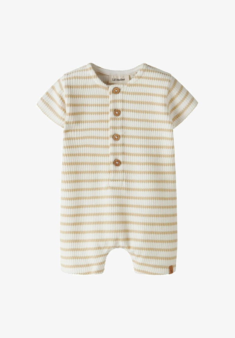 Barboteuse bébé à manches courtes rayée crème et beige avec quatre boutons en bois sur le devant et tissu texturé.