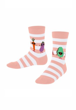 Roze en witte gestreepte sokken met cartoon groenten: een wortel, aubergine en avocado, elk met een zonnebril. Gemaakt van een katoenmix.