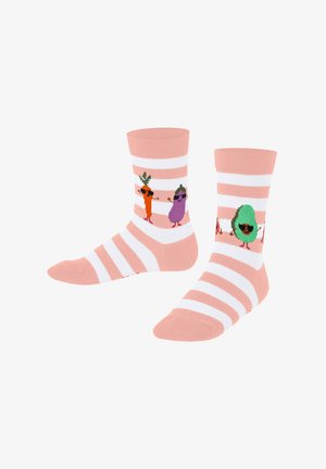 Różowo-białe skarpetki w paski z postaciami warzyw w stylu kreskówkowym: marchewka, bakłażan i awokado, każde w okularach przeciwsłonecznych. Materiał mieszanka bawełny.