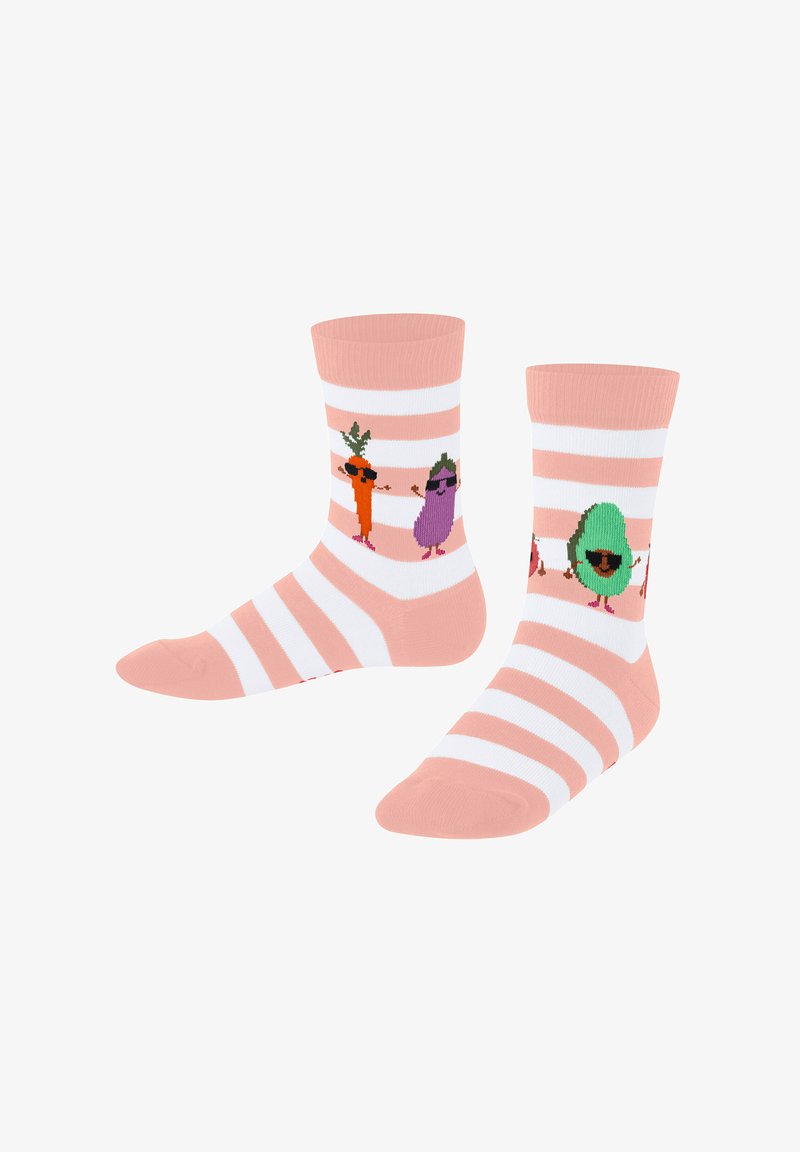 Różowo-białe skarpetki w paski z postaciami warzyw w stylu kreskówkowym: marchewka, bakłażan i awokado, każde w okularach przeciwsłonecznych. Materiał mieszanka bawełny.