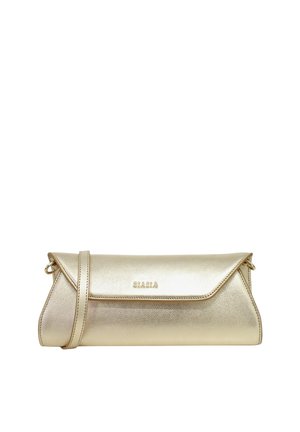 Borsa clutch metallica dorata con chiusura a patta e tracolla sottile, con logo "BIASIA" al centro frontale.