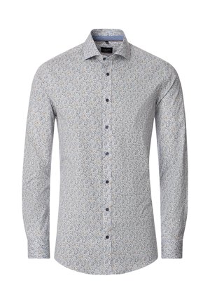 Langärmliges Hemd mit Knöpfen aus hellblauem Stoff mit einem floralen Muster in Weiß, Gelb und Braun. Verfügt über einen klassischen Kragen und dunkle Knöpfe.