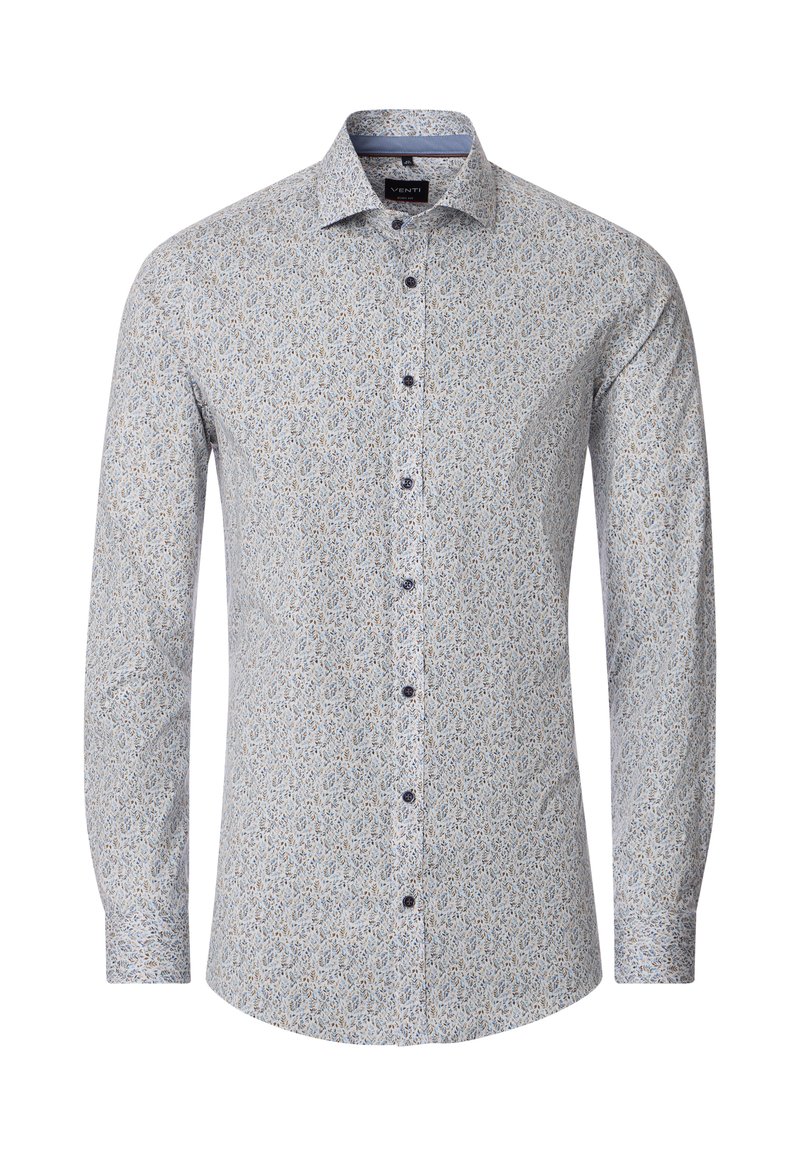 Long-sleeve button-up shirt in light blue fabric with a floral pattern in white, yellow, and brown. Features a classic collar and dark buttons.