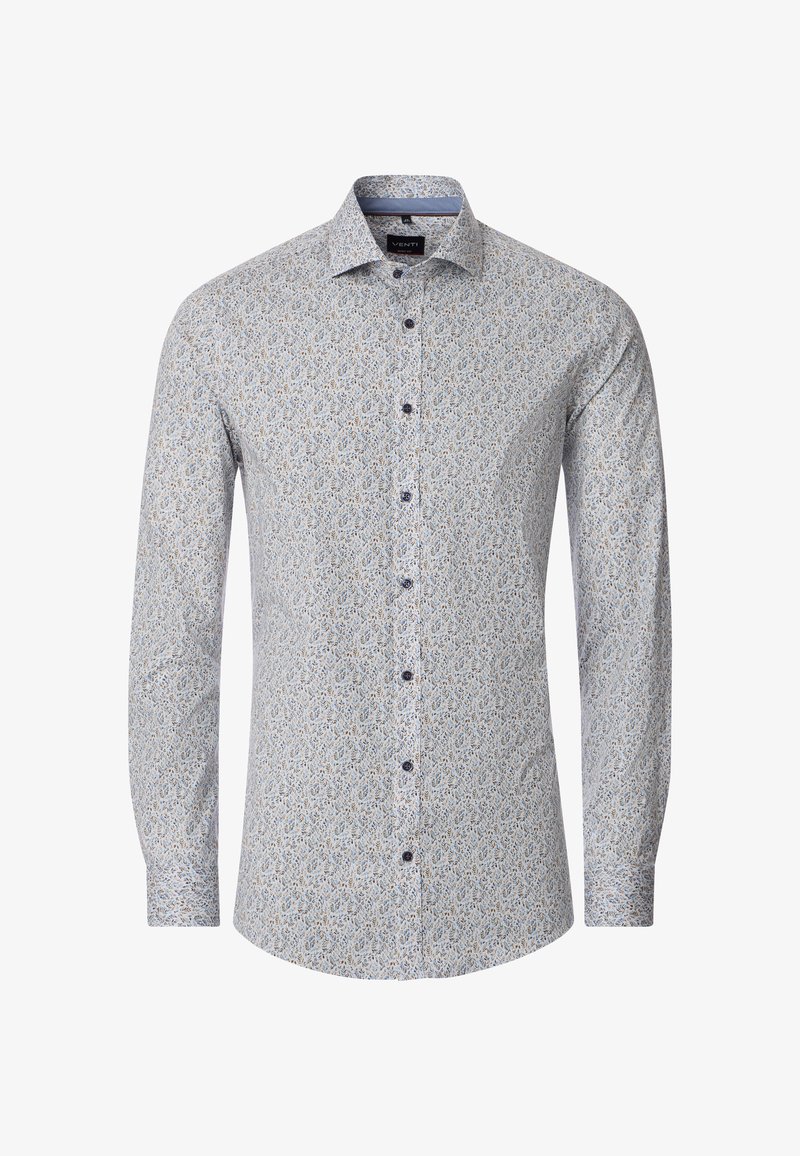 Long-sleeve button-up shirt in light blue fabric with a floral pattern in white, yellow, and brown. Features a classic collar and dark buttons.