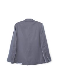 Grauer Blazer mit glatter Textur, einreihe Gestaltung, Reverskragen und Dreiknopfmanschette, mit einer sauberen Rückansicht.