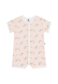 Ολόσωμο σορτς με κοντά μανίκια σε ανοιχτό ροδακινί με λευκές ρίγες. Διακοσμημένο με παιχνιδιάρικο σχέδιο ελέφαντα σε ανοιχτό μπλε, με πράσινες και πορτοκαλί λεπτομέρειες.