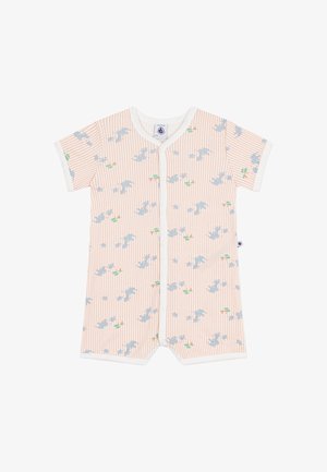 Trumpomis rankovėmis kombinezonas šviesiai persikinis su baltais dryžiais. Tai žaismingas šviesiai mėlynos spalvos drambliuko raštas su žaliais ir oranžiniais akcentais.