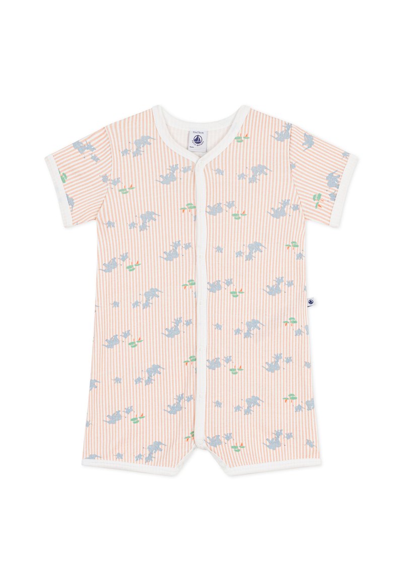 Ολόσωμο σορτς με κοντά μανίκια σε ανοιχτό ροδακινί με λευκές ρίγες. Διακοσμημένο με παιχνιδιάρικο σχέδιο ελέφαντα σε ανοιχτό μπλε, με πράσινες και πορτοκαλί λεπτομέρειες.