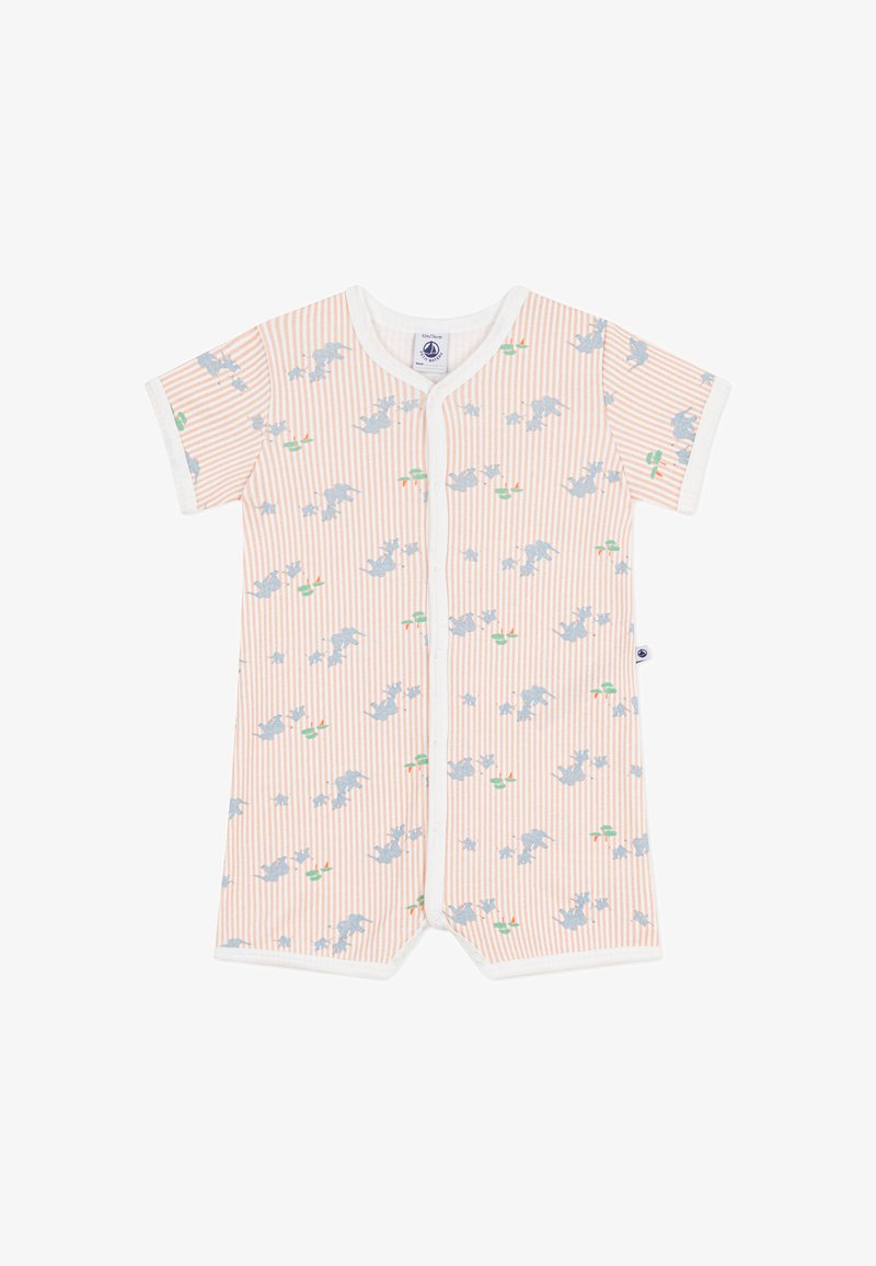 Combinaison à manches courtes couleur pêche pâle avec rayures blanches. Présente un imprimé éléphant ludique en bleu clair, avec des accents verts et oranges.