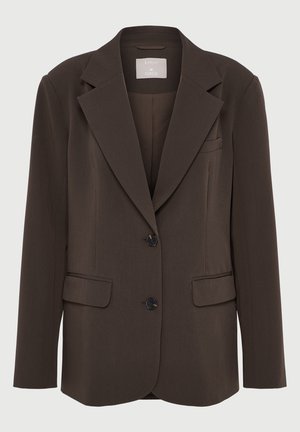Brauner Blazer mit Reverskragen, zwei Vorderaschen und schwarzen Knöpfen; aus glattem Stoff mit tailliertem, strukturiertem Schnitt.