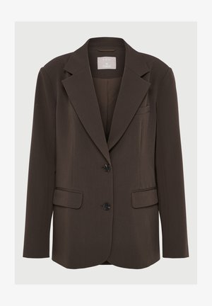 Brauner Blazer mit Reverskragen, zwei Vorderaschen und schwarzen Knöpfen; aus glattem Stoff mit tailliertem, strukturiertem Schnitt.