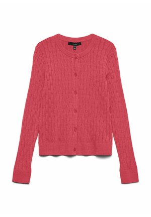 Koralų spalvos megzta kardiganas, turintis tekstūruotą raudonųjų kabelių raštą, apvalią iškirptę ir priekyje užsegamas sagomis. Ilgos rankovės su ribbingo audinio rankogaliais.
