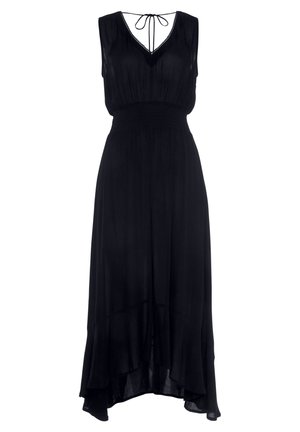 Sleeveless black maxi dress with V-neck, cinched waist, and asymmetrical hem, featuring a back tie detail at the neckline.