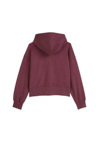 Burgunderfarbener, verkürzter Hoodie aus weichem Stoff mit Kapuze und Kordelzug sowie gerippten Bündchen, mit minimalistischem Design und ohne sichtbares Logo.
