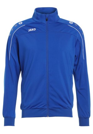 Blaue Sportjacke aus glattem Stoff, mit hohem Kragen, vollem Reißverschluss und kontrastierenden weißen Streifen mit kleinen runden Akzenten auf den Schultern.