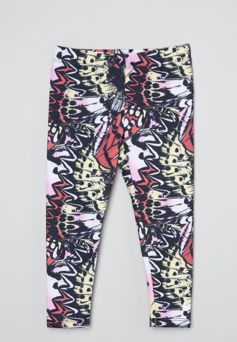 Leggings colorés avec un motif de papillons dans des teintes de rose, jaune, noir et rouge. Fabriqués en tissu extensible, ils présentent un design ajusté.