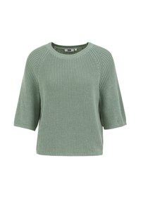 Pull tricoté vert clair à manches courtes, col rond et motif texturé sur toute la surface. Coupe décontractée et tissu doux.