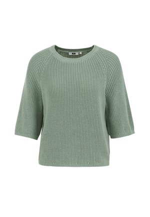 Gaiši zaļš adīts džemperis ar īsām piedurknēm, apaļu kakla izgriezumu un teksturētu rakstu visā virsmā. Brīvs siluets un mīksts audums.