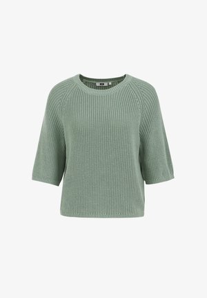 Svetlo zelena pletena majica s kratkimi rokavi, okrogel izrez in teksturiran vzorec povsod. Ohlapen kroj in mehak material.