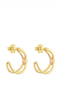 Orecchini a cerchio in oro con un design intrecciato e un accento rosa al centro. Gli orecchini hanno una chiusura sicura.