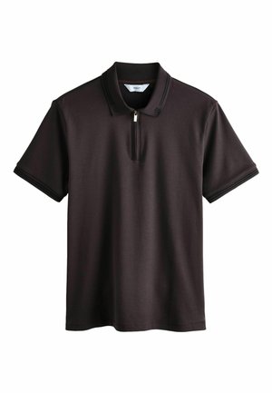 Must musta lühikeste varrukatega polosärk, millel on esiküljel tõmblukk ning soonilised krae ja varruka servad, valgel taustal.