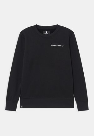 Black long-sleeve crewneck sweatshirt with white "CONVERSE" logo on the chest and ribbed cuffs and hem.