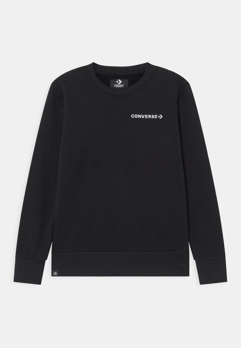 Schwarzes Langarm-Sweatshirt mit Rundhalsausschnitt und weißem "CONVERSE"-Logo auf der Brust sowie gerippten Bündchen und Saum.