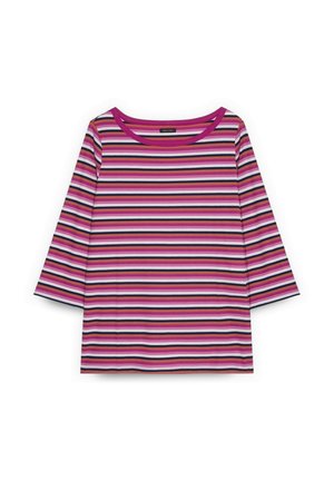 Dámské tričko s tříčtvrtečními rukávy s horizontálními pruhy v růžové, fialové, černé a bílé barvě, s kulatým výstřihem.