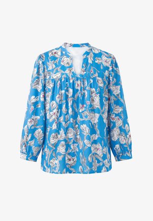 Bluza albastră cu mâneci lungi, cu model floral alb și roz, decolteu în V și detalii strânse sub decolteu.