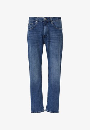 Jeans di denim blu con vestibilità regolare, design a cinque tasche, chiusura con zip e bottone, cuciture a contrasto. Nessun motivo o effetto consumato visibile.