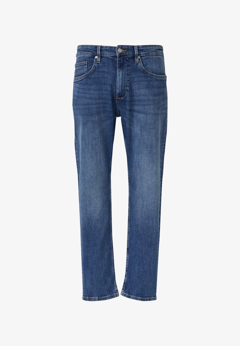 Niebieskie dżinsy o regularnym kroju, z pięcioma kieszeniami, zapięciem na suwak i guzik oraz kontrastującym szwem. Bez widocznych wzorów ani przetarć.