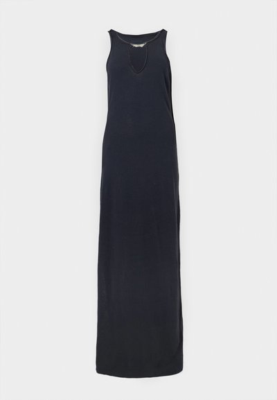 Robe longue noire sans manches avec une petite découpe ovale sur la poitrine et un col rond.