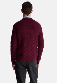 Bordeauxroter Strickpullover mit einem strukturierten Kabelmuster, gerippten Bündchen und Saum, getragen über einem hellblauen Hemd mit Kragen, von hinten gesehen.