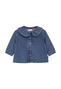 Dziecięca dżinsowa kurtka z długim rękawem, z zaokrąglonym kołnierzem i czterema kolorowymi guzikami w kształcie kwiatów z przodu.