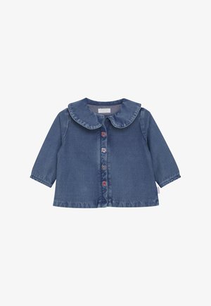 Dziecięca dżinsowa kurtka z długim rękawem, z zaokrąglonym kołnierzem i czterema kolorowymi guzikami w kształcie kwiatów z przodu.