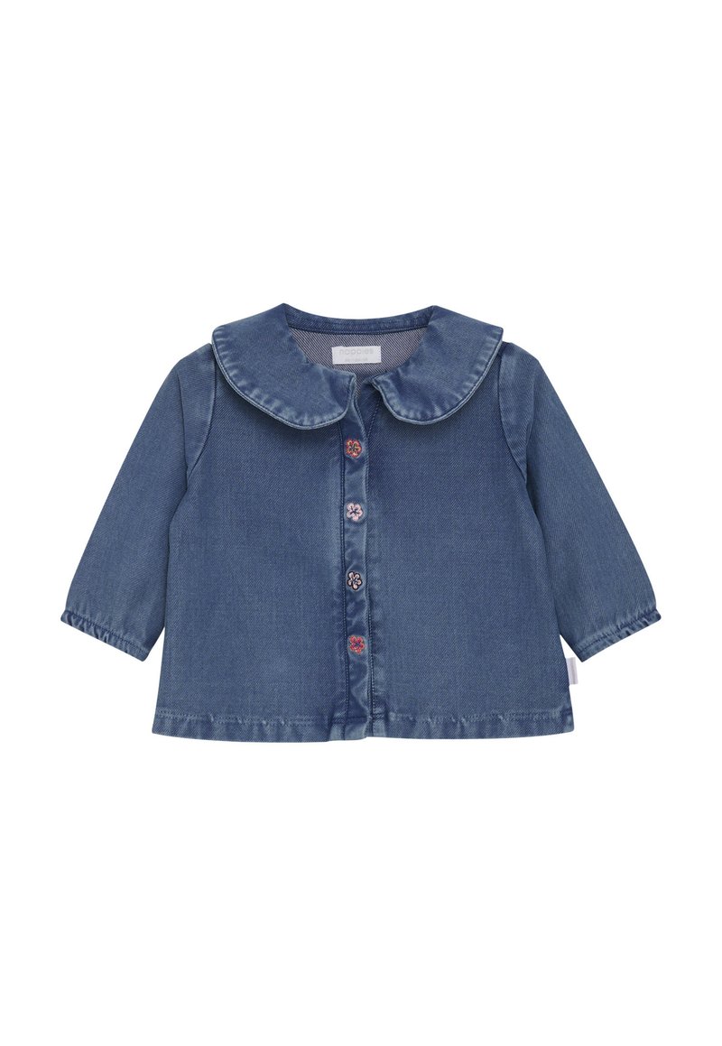 Dziecięca dżinsowa kurtka z długim rękawem, z zaokrąglonym kołnierzem i czterema kolorowymi guzikami w kształcie kwiatów z przodu.